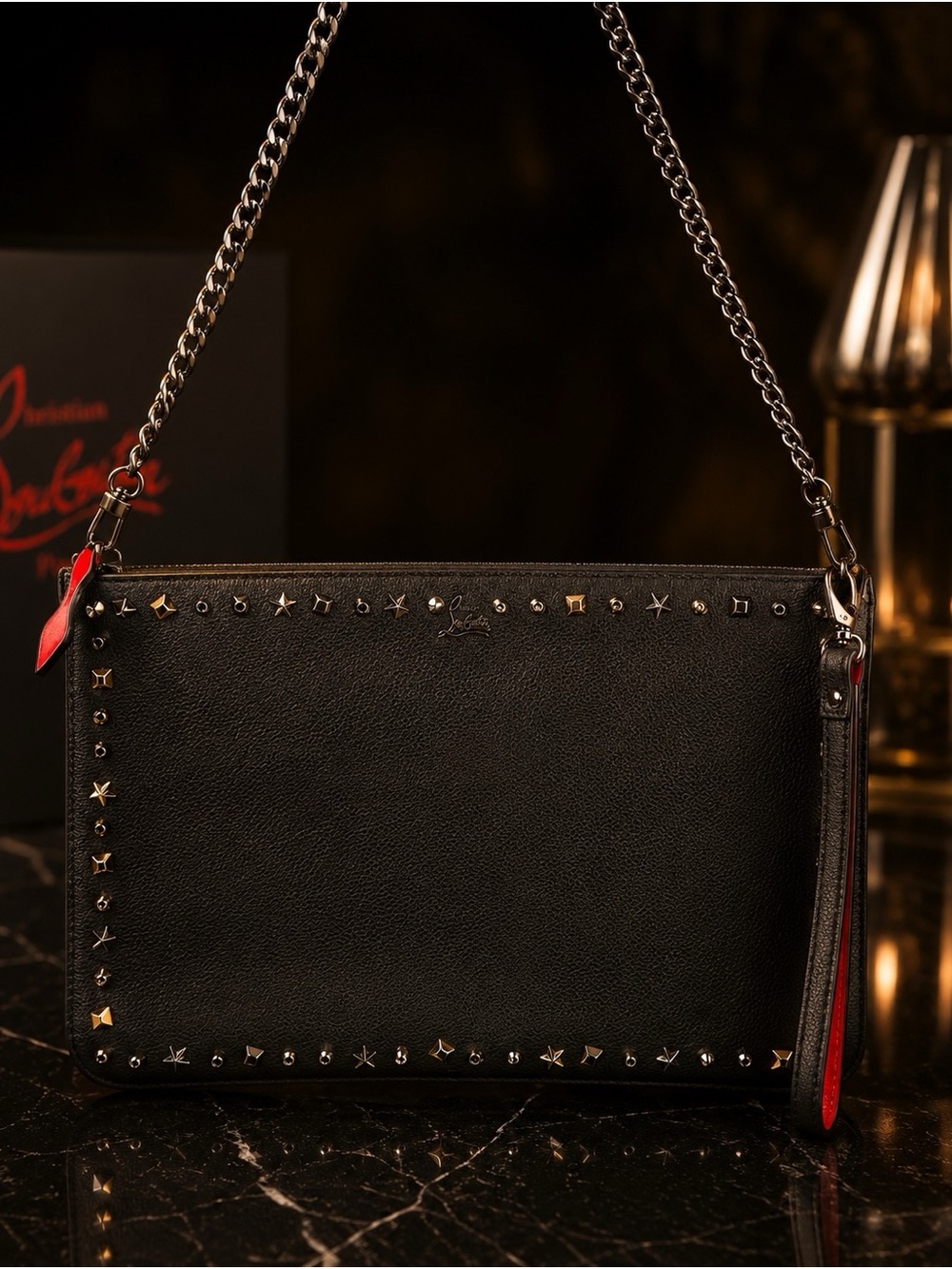 Christian Louboutin Black Studded Leather Wristlet Clutch Chain Pouch Black Red